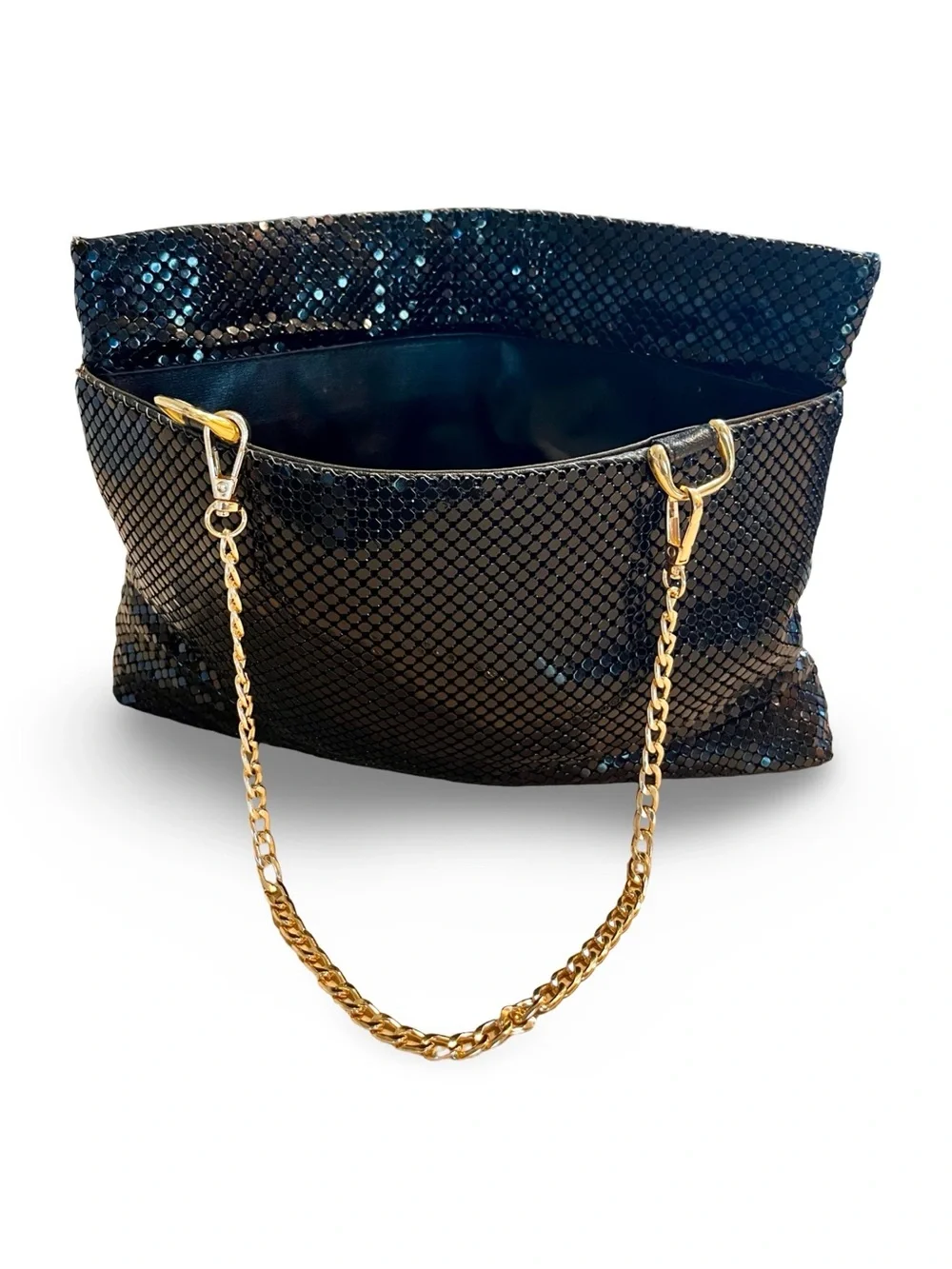 Vintage Black Metal Mesh Convertible Handbag Clutch Gold Chain